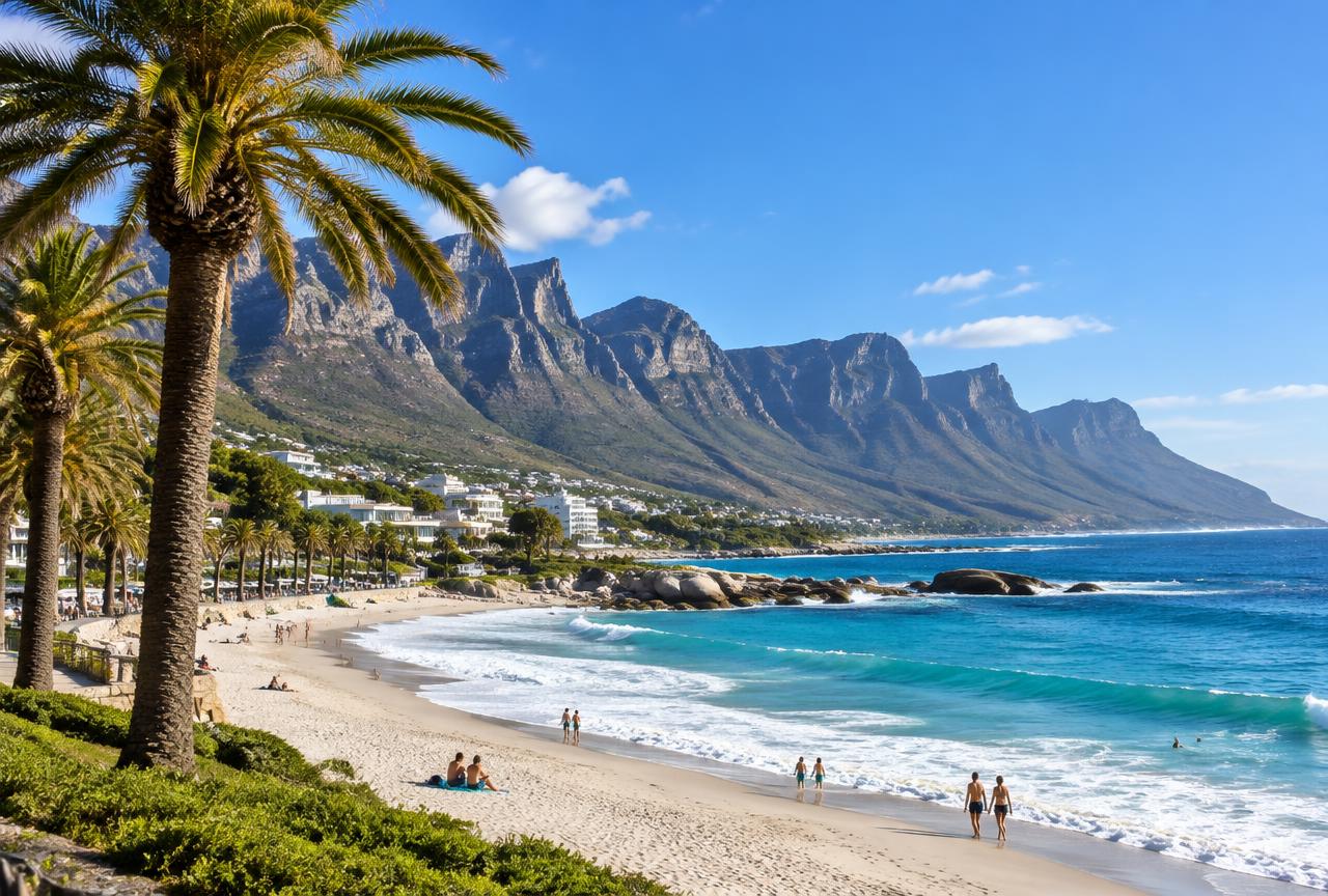 Camps Bay beach with palm trees and the Twelve Apostles