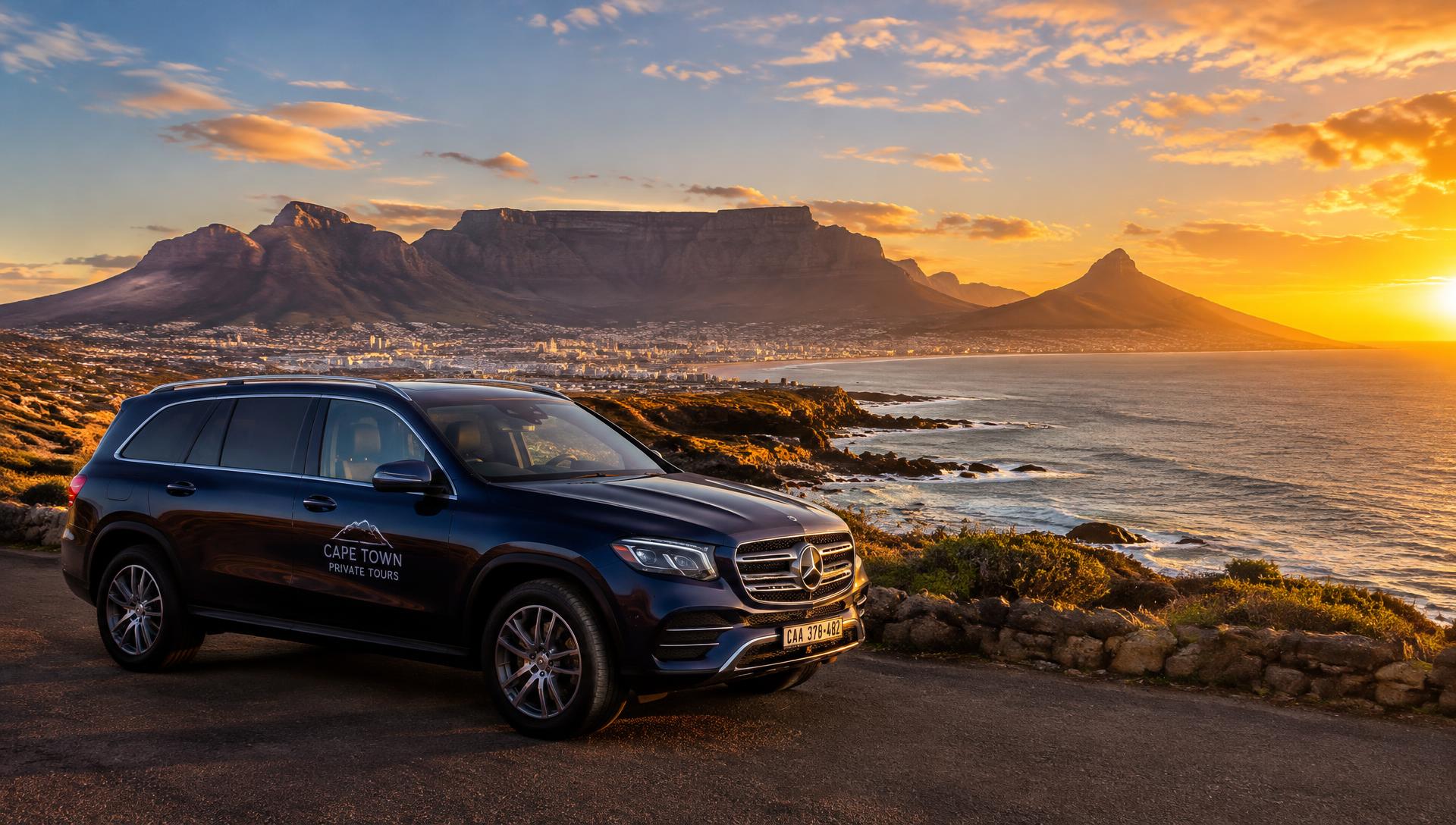 Private tour vehicle at a coastal viewpoint facing Table Mountain at sunset
